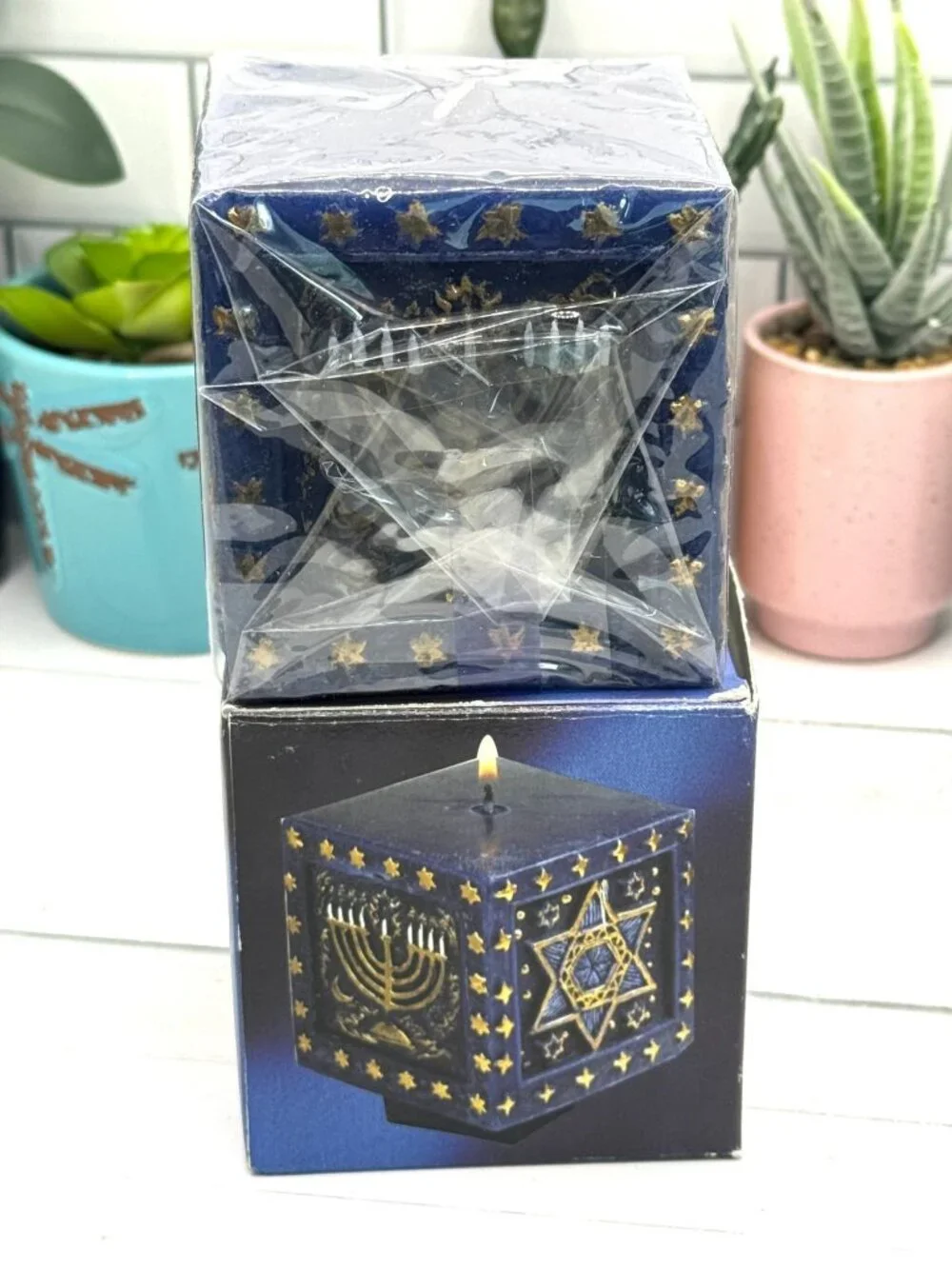 Hanukkah Square Cube Candle With Star Of David & Menorah Design
